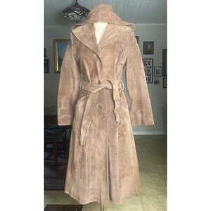 Vtg 70s De Foxxy Pigskin Suede Leather Maxi Coat Trench Hooded Belted 11/12 Rare